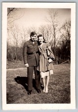 Vtg B W Snapshot Couple Man IN WW2 Military Uniform Woman IN Coat Trees 1940s