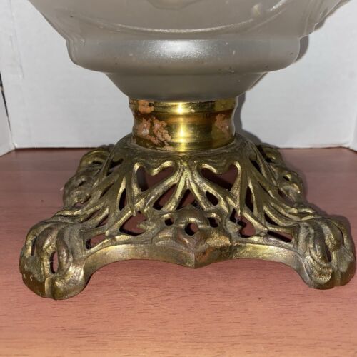 Antique Clear Satin Glass Oil Lamp - Leaves & Roses - Success PLB & G Co. Brass - Picture 2 of 18