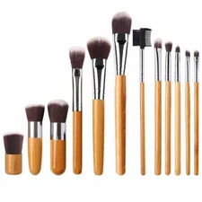 Professional Kabuki Makeup Brush Set w/ Bamboo Handles Cosmetic Brushes 12 Piece