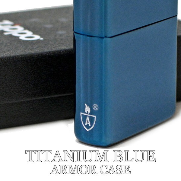 Zippo Armor Case Titanium Blue Side Logo Oil Lighter Etching Brass