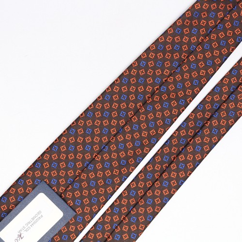 John G Hardy Mens Silk Necktie Brown Orange Blue Scattered Check Tie Italy - Picture 6 of 8