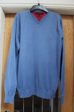 Tommy Hilfiger Mens Jumper blue Medium Pullover V-Neck Sweater Premium Cotton