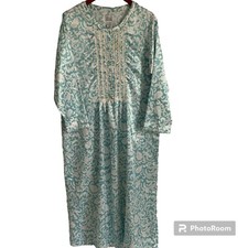 Only Necessities Nightgown MED Blue White Lace Satin Silky Button Up Long Sleeve