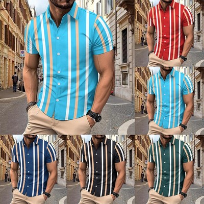 Herren Schwarz Kragen Streifen Kurzarm Button Down Bluse Urlaub Top