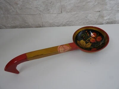 GRANDE LOUCHE CUILLERE EN BOIS LAQUE USSR KHOKHLOMA RUSSE VINTAGE - Photo 1/4
