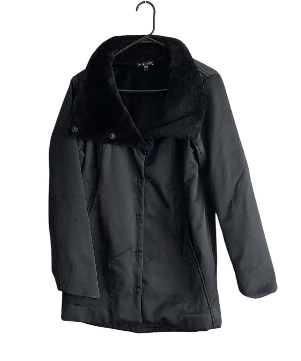 Eileen Fisher Black Coat Small Mid Length Snap Front Plush Collar Pocket