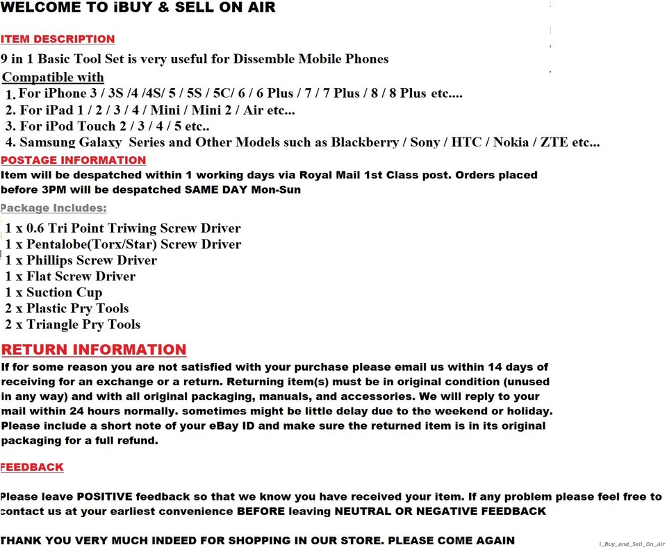 Mobile Phone Opening Tool Kit Screwdriver 9 in 1 set for Repair Smartphones - Image 2 of 2