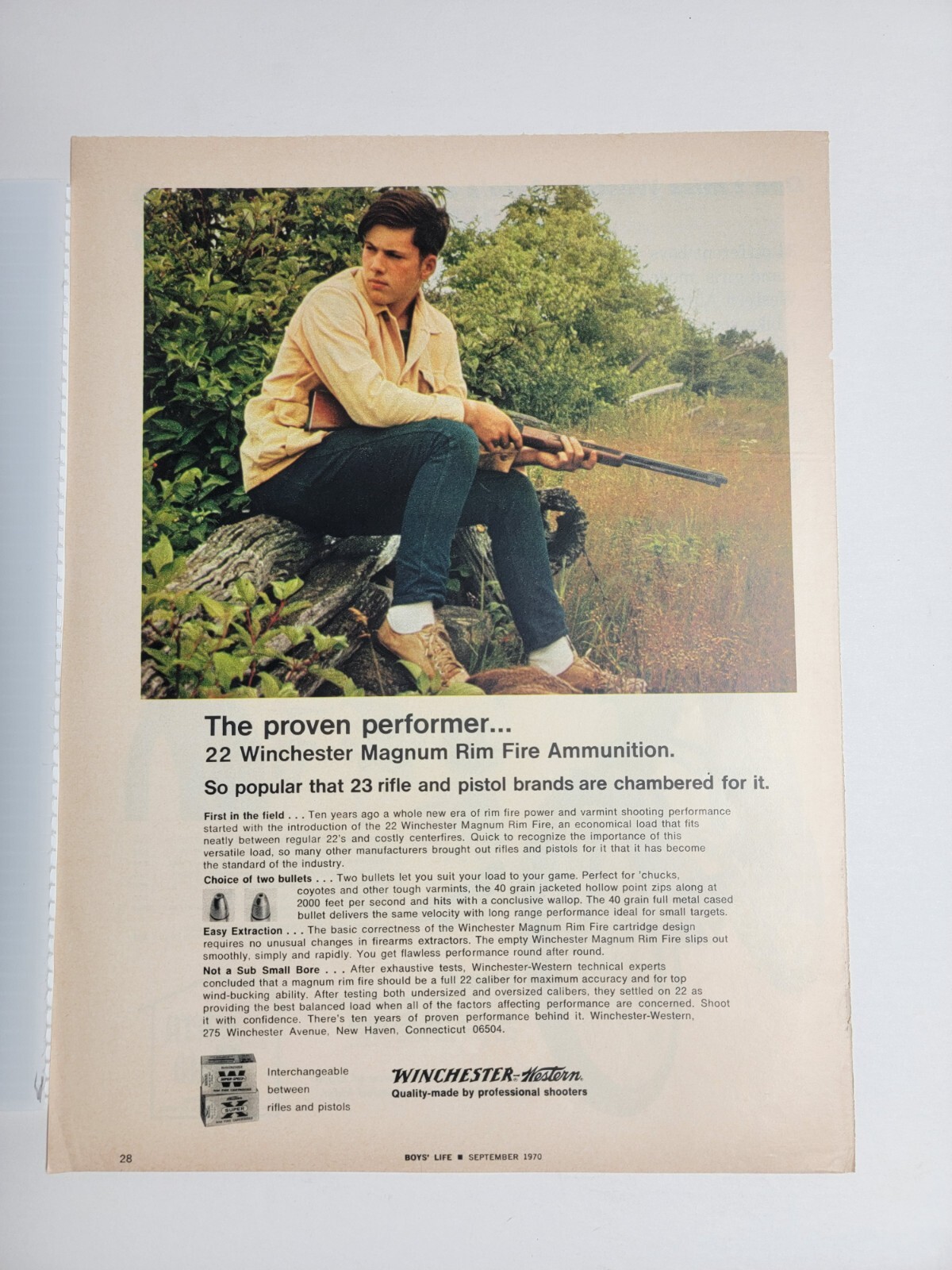 Vintage 1970 Winchester 22 Magnum Rim Fire Ammo 11x14 ad New Haven CT