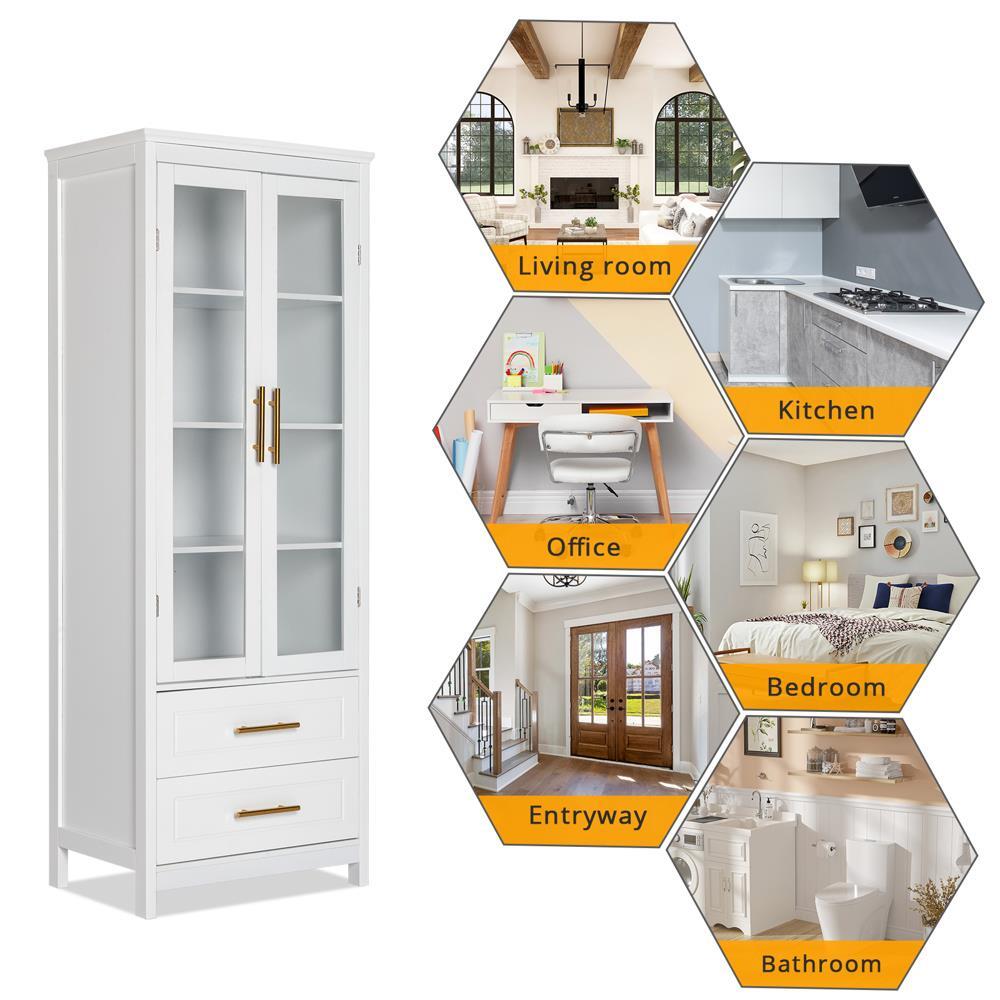 2 Glass Door Storage Cabinet Tall Kitchen Pantry Cupboard Bedroom Furniture