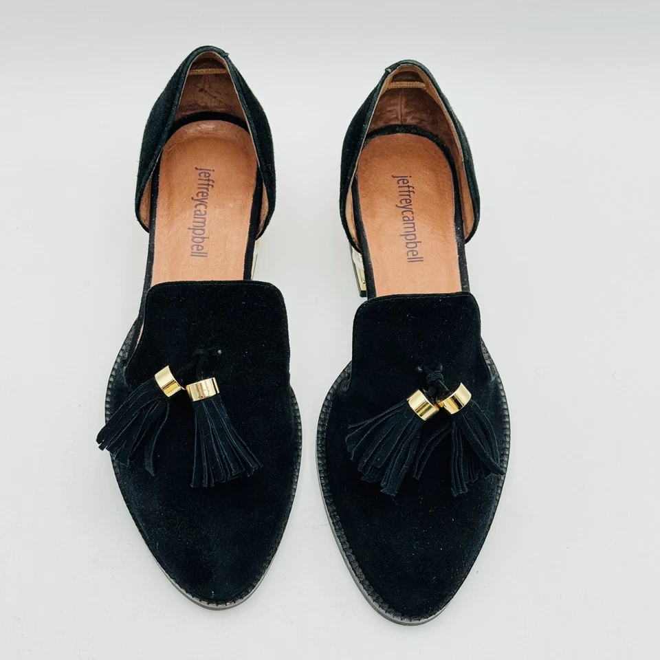 Mocasines Jeffrey Campbell Civil Tacón Perla Negro Gamuza Recortado Borla Talla 7.5 Foto 3 de 4