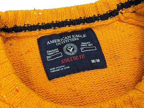 American Eagle Athletic Fit Sweater Men Medium Elbow Patches Orange Flecked Knit - Picture 3 of 8