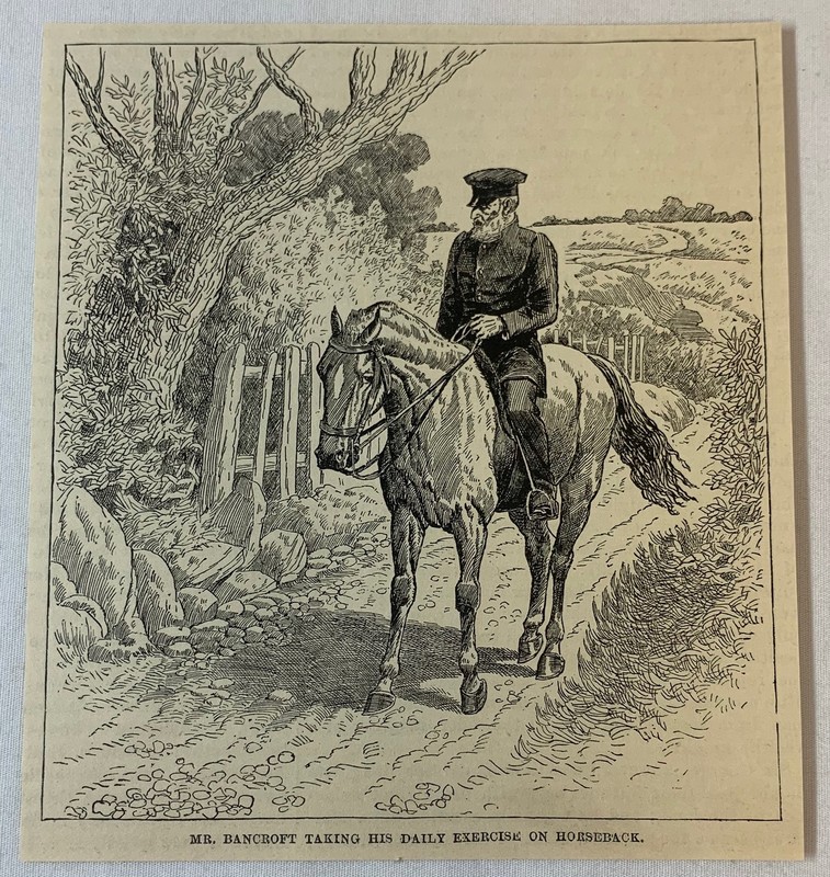 1887 magazine engraving ~ GEORGE BANCROFT ON HORSEBACK
