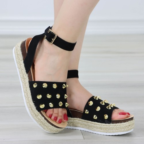 Espadrille Platform Sandals 2" Heel Black Nubuck Metal Stud - Picture 8 of 15