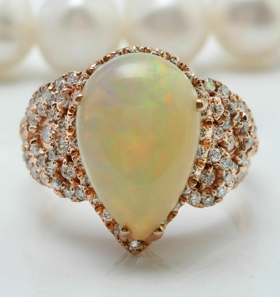 Anillo natural de ópalo y diamantes etíopes anillo de mujer anillo de oro rosa macizo de 14 quilates i43 Foto 3 de 4