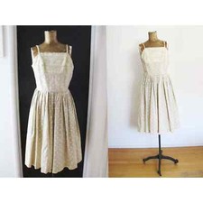 Vintage 50s Lace and Polka Dot Beige White Strappy Sundress XS Rockabilly