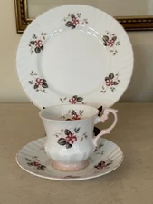 ROSINA Tea Cup Saucer  & Dessert Plate Trio  PINK Handle Floral England