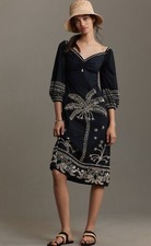 Farm Rio Anthropologie Midi Dress Black Sweetheart Cutout Bead Preppy Small NWT