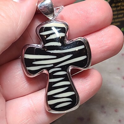 ALAN K DESIGNO STERLING SILVER 925 CROSS BOLD STRIPES LIGHT BEIGE BLACK $ 140