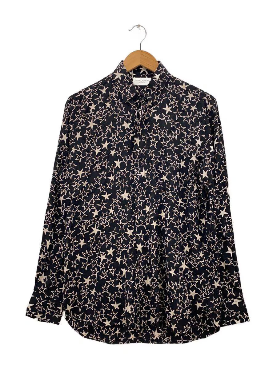 SAINT LAURENT Long Sleeve Shirt, Size 14.5, Silk, Black, All-Over Print, 01SZ 56