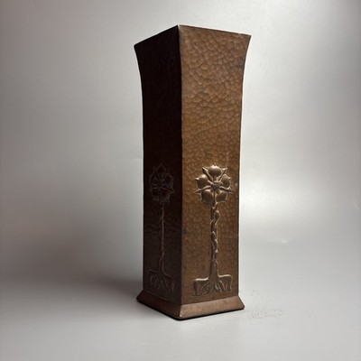 Antique Arts & Crafts Period Hammered Copper Vase -Repousse Rose Motif- 8in Tall