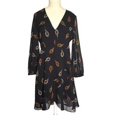 Madewell Long-Sleeve Poppy Wrap Dress in Peacock Feathers Size 2 Black Chiffon