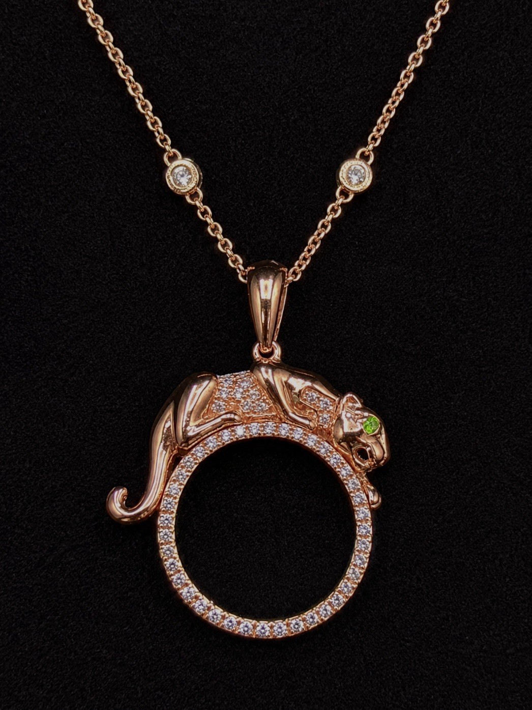 Signed Effy Signature 14K Rose Gold Diamond Panther  Emerald Eye Necklace