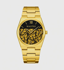 MASTRI Quartz Dress Watch Gold-Tone Bracelet Black Butterfly Dial Roman 38mm