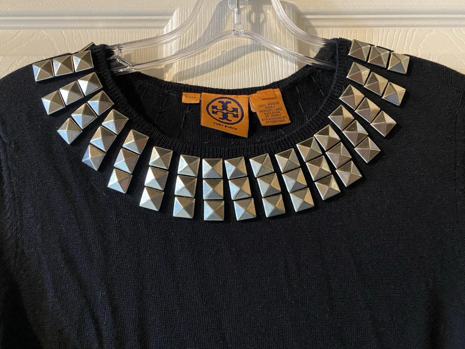 Tory Burch Womens Sweater Dress Black SZ Small Merino Wool Studded Embellished - Image 4 of 4