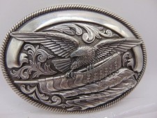 Vintage Belt Buckle Eagle Flying With American Flag Nocona Silver Tone 4" x 3"