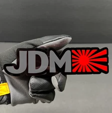 (2PC) "JDM" Emblems GRAY TEXT "JDM" RED SUN 3D Acrylic Fender/Grill/Tailgate