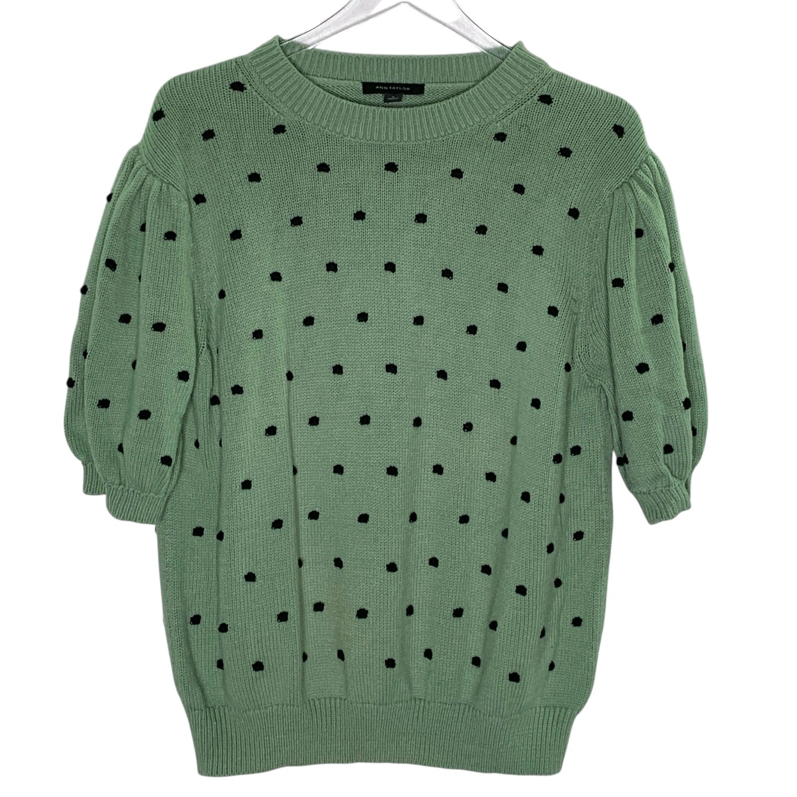 Ann Taylor XL Popcorn Stitch Puff Sleeve Sweater Dusty Green Polka Dot Normcore