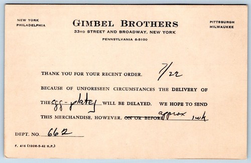 GIMBEL BORTHERS 1942 GRANDES ALMACENES PLACA DE HUEVO RETRASADA PEDIDO POSTAL DE COLECCIÓN - Imagen 1 de 2