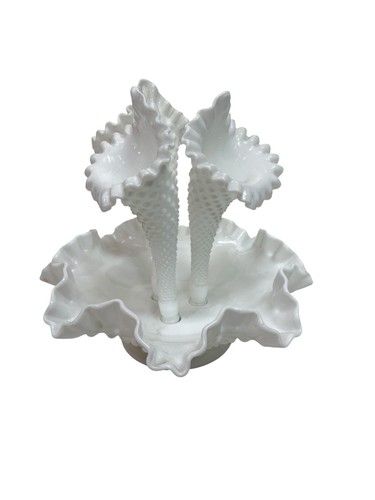 Vintage Fenton Hobnail Milk Glass Epergne Ruffled Bowl 3 Horned Vase Art READ - Picture 5 of 8