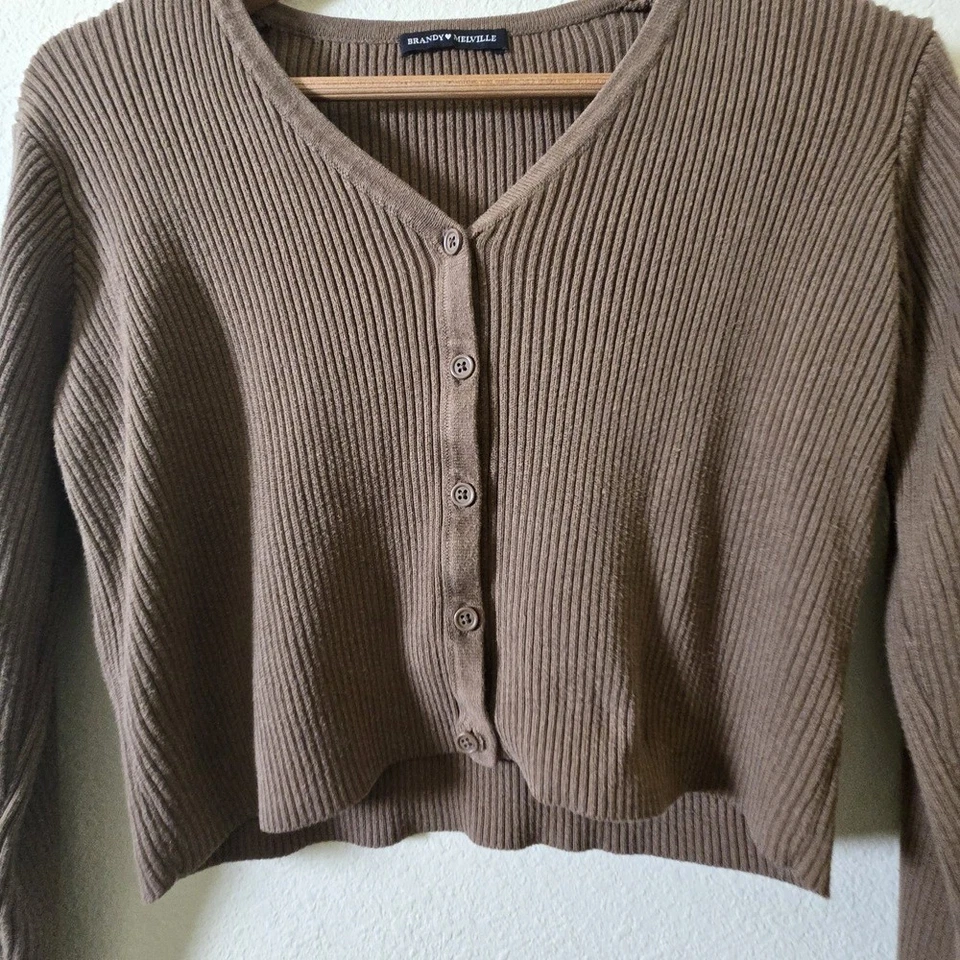 Brandy Melville Brown Cardigan Ribbed Knit Long Sleeve Crop Top One Size - Image 2 of 4