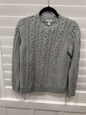 LL Bean Women s light grey Cable Knit Fisherman Sweater Size S Heritage Chunky