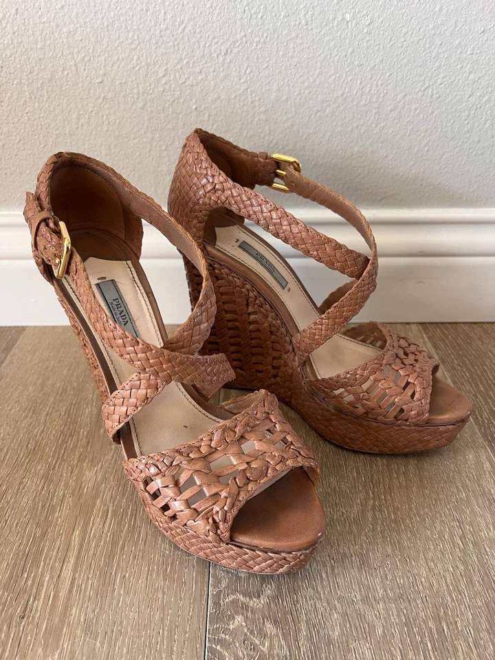Prada Woven Tan Platform Wedge Sandals 39.5 - Image 2 of 4