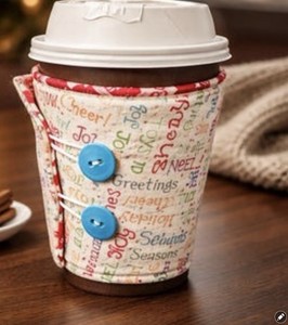 Reusable Fabric Coffee Cup Sleeve Only w/ Buttons, Holiday Words Print
