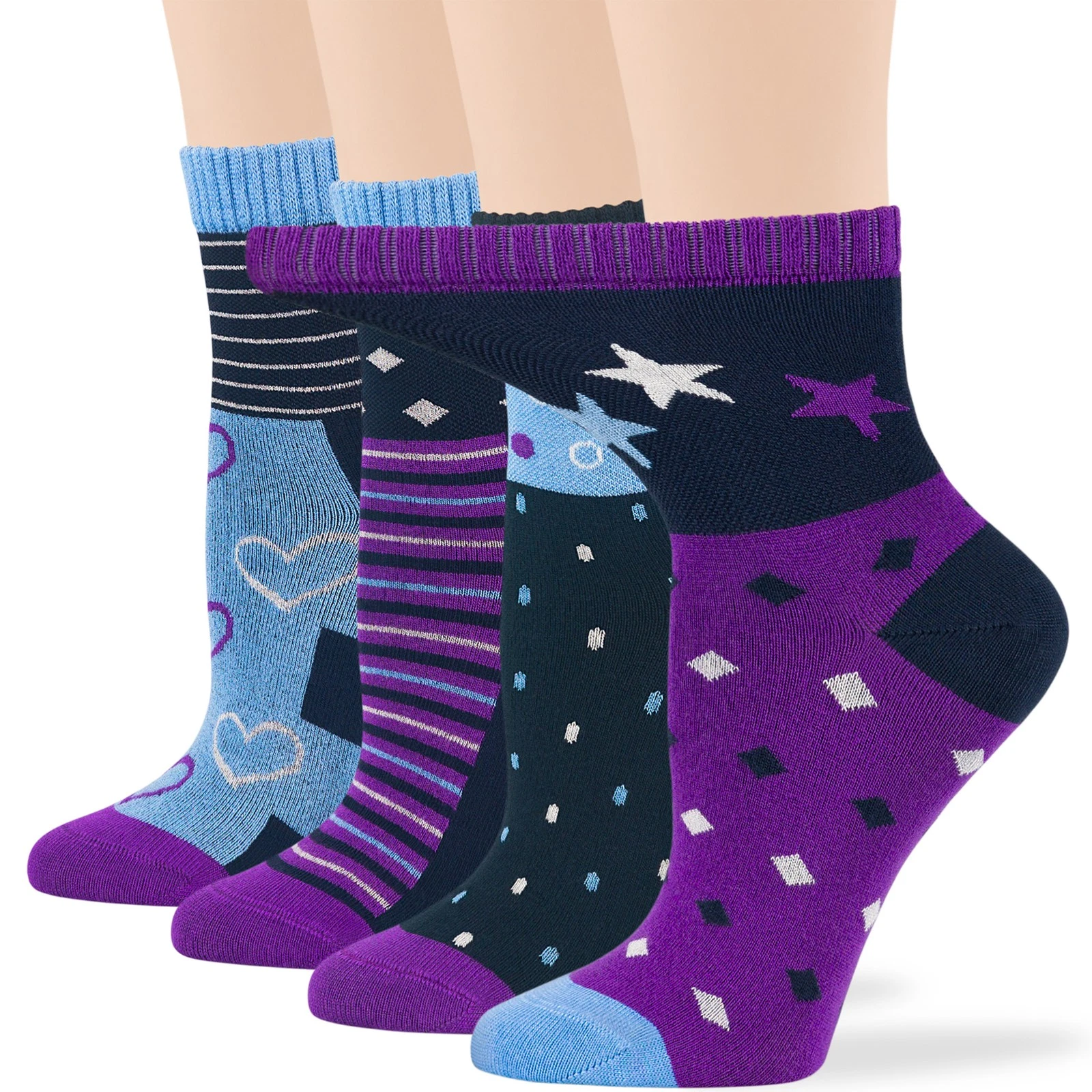 Women Viscose From Bamboo Diabetic Quarter Socks M 4 Pack Star Heart Navy Blue