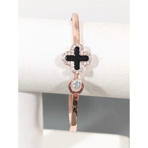 Rose Gold Tone Cross Bangle Bracelet 6.5" Minimalist Hinged Cuff - Picture 2 of 7
