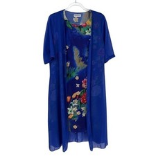 Rui Xin Bei Er Blue Sheer Overlay Dress L Floral Midi Short Sleeve Button Detail