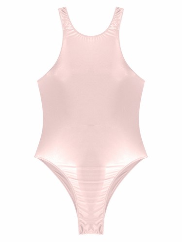 US Women Shiny Swimsuit Sleeveless High Cut Thong Bodysuit with Knee Stocking - Picture 81 of 139