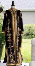 Vintage Handmade Black Asian Coat Or Dress With Hand Stitched Gold Embroidery
