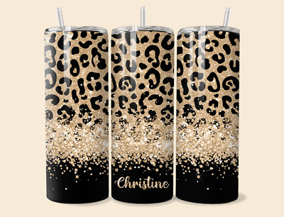 PERSONALISIEREN SIE ''SCHWARZ & GOLD LEOPARDENMUSTER'' 600ML EDELSTAHL GLÄNZEND BECHER & STROHHALM.