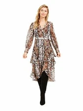 $100 Bar III Belted Animal Print Long Sleeve V Neck Midi Wrap Dress Black Small