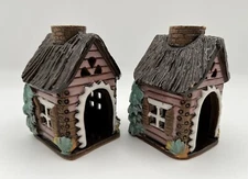 Lithuanian Clay Art Pottery House Tea Light Fairy Light Candle Holder x2 Signed