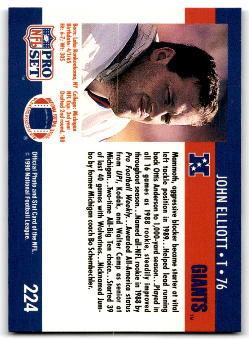 1990 PRO SET JOHN ELLIOTT NEW YORK GIANTS #224