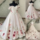 Pink Off The Shoulder 3D Flowers A-Line Wedding Dresses Appliques Bridal Gowns