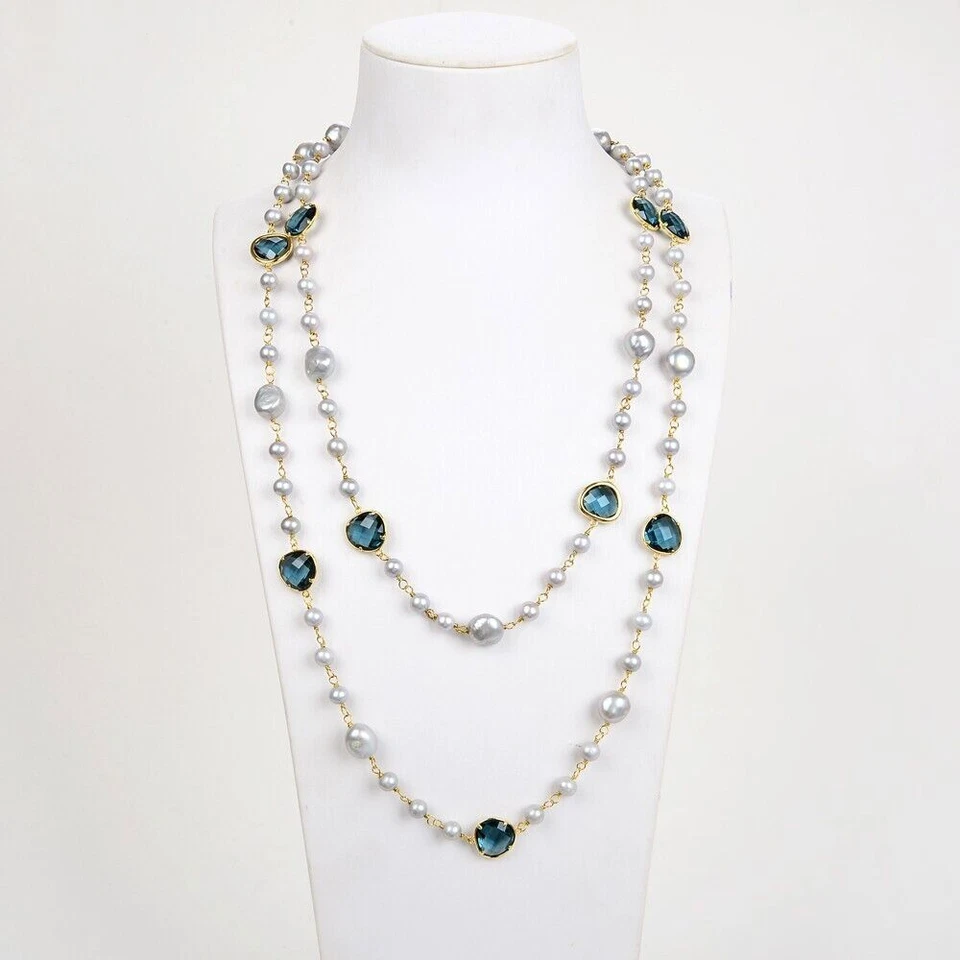 Collar largo de cadena de cristal azul perla Keshi de agua dulce gris natural de 51"" Foto 4 de 4