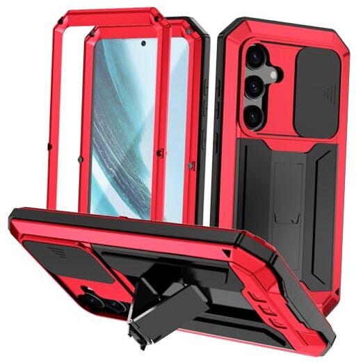 for Samsung S24 Metal Case, S24 Heavy Duty Cases with Screen Protector & red