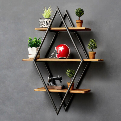 Retro 3-Tier Wood Floating Shelf Industrial Wall Mount Metal Frame
